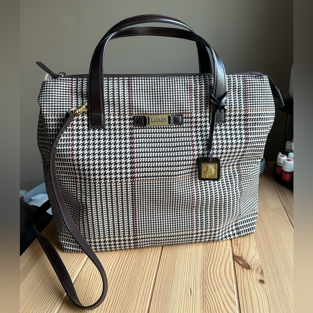 Vintage RALPH LAUREN Houndstooth Plaid Brown Canvas Bag